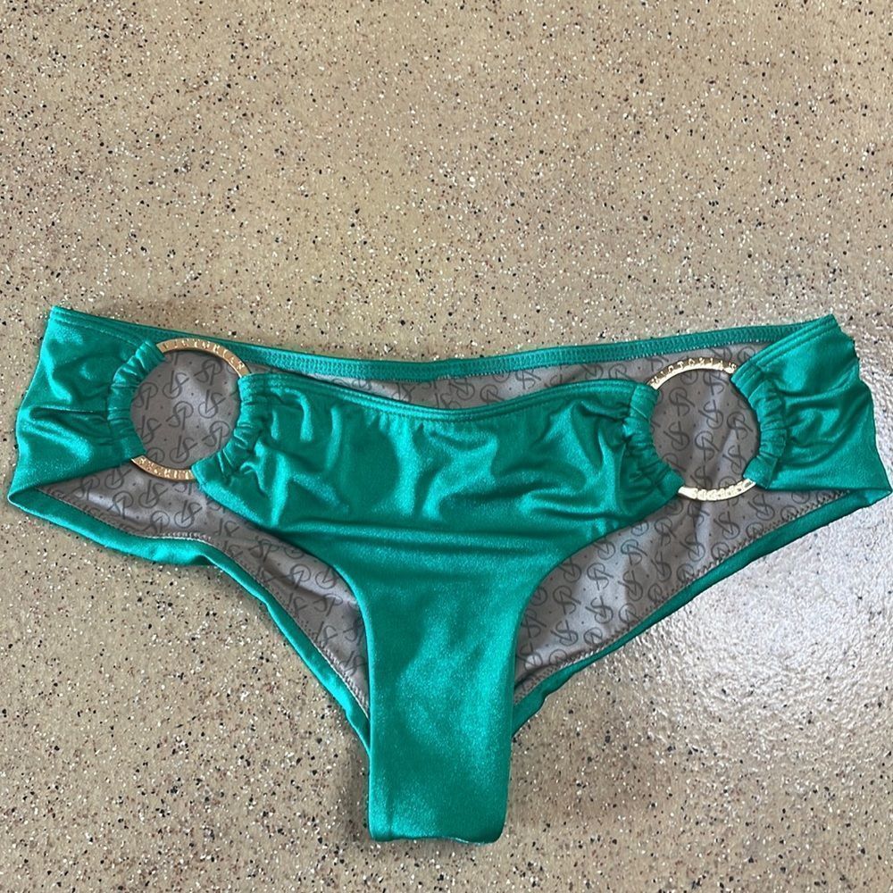 Victoria's Secret Swim Cheeky Low-Rise Bikini Bottom Kelly Green Gold Rings XS